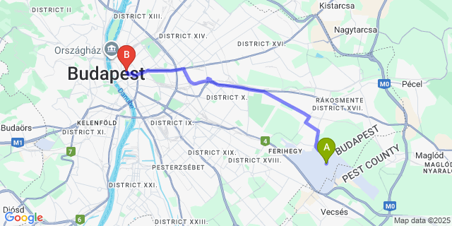 Map: Budapest Airport (BUD), Ferihegy, Liszt Ferenc to Mango Aparthotel