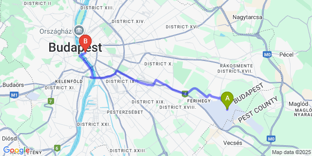 Map: Budapest Airport (BUD), Ferihegy, Liszt Ferenc to Matild Palace, a Luxury Collection Hotel, Budapest
