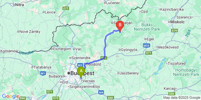 Map: Budapest Airport (BUD), Ferihegy, Liszt Ferenc to Mátramindszent