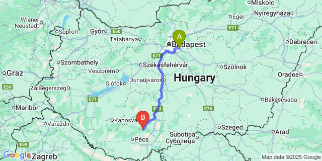 Map: Budapest Airport (BUD), Ferihegy, Liszt Ferenc to Mecseknádasd