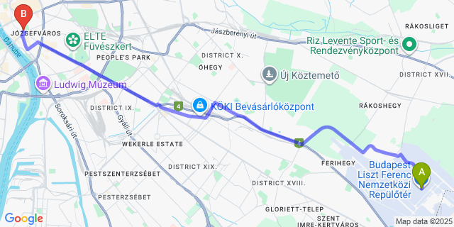 Map: Budapest Airport (BUD), Ferihegy, Liszt Ferenc to Mercure Budapest Korona Hotel