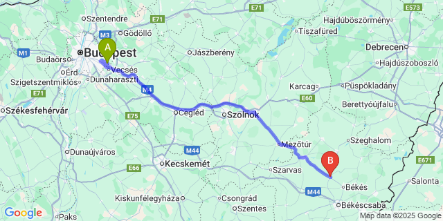 Map: Budapest Airport (BUD), Ferihegy, Liszt Ferenc to Mezőberény