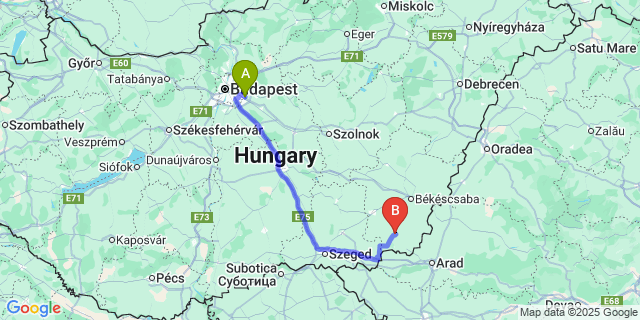 Map: Budapest Airport (BUD), Ferihegy, Liszt Ferenc to Mezőkovácsháza