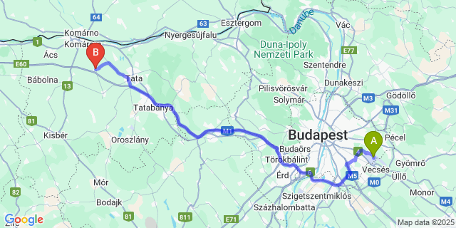 Map: Budapest Airport (BUD), Ferihegy, Liszt Ferenc to Mocsa