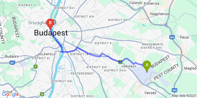 Map: Budapest Airport (BUD), Ferihegy, Liszt Ferenc to Monastery Boutique Hotel Budapest