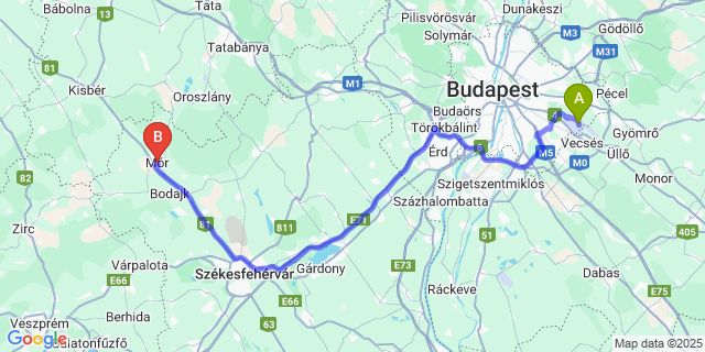 Map: Budapest Airport (BUD), Ferihegy, Liszt Ferenc to Mór