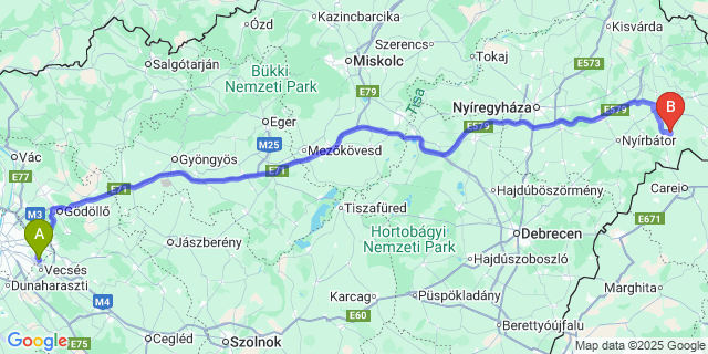 Map: Budapest Airport (BUD), Ferihegy, Liszt Ferenc to Nagyecsed
