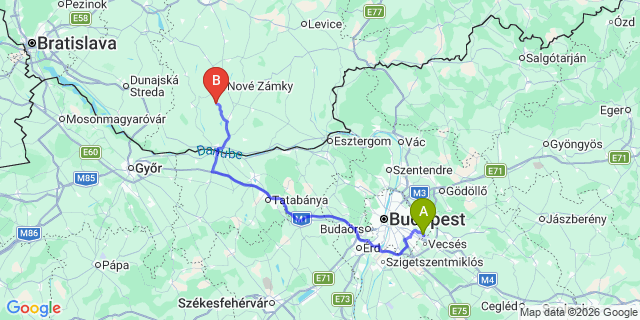 Map: Budapest Airport (BUD), Ferihegy, Liszt Ferenc to Nesvady
