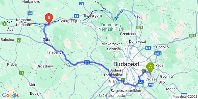 Map: Budapest Airport (BUD), Ferihegy, Liszt Ferenc to Neszmély