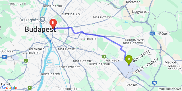 Map: Budapest Airport (BUD), Ferihegy, Liszt Ferenc to NETIZEN Budapest Centre - Hostel