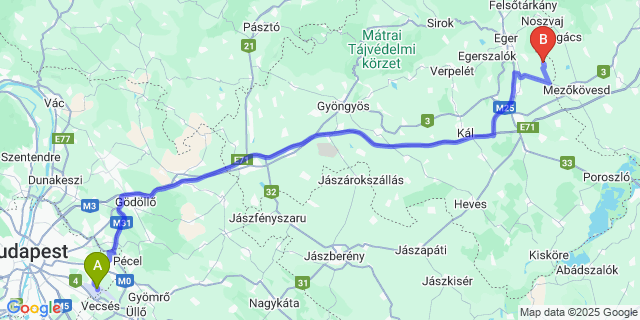 Map: Budapest Airport (BUD), Ferihegy, Liszt Ferenc to Novaj