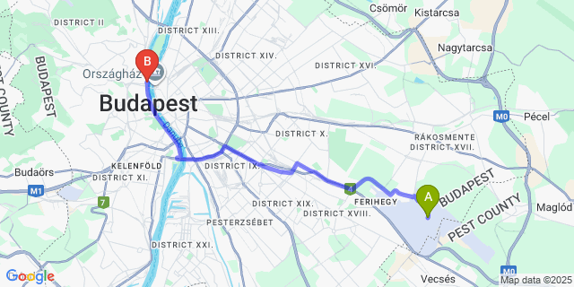 Map: Budapest Airport (BUD), Ferihegy, Liszt Ferenc to Novotel Budapest Danube