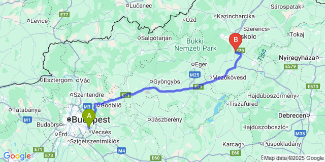 Map: Budapest Airport (BUD), Ferihegy, Liszt Ferenc to Nyékládháza