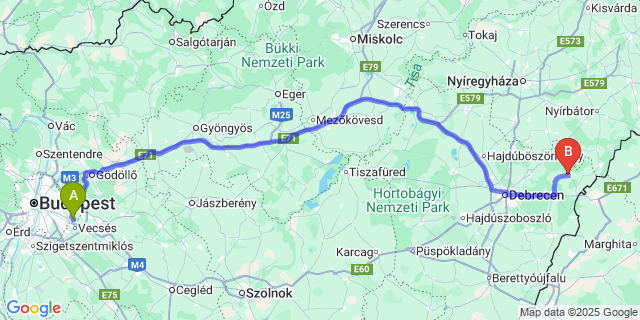 Map: Budapest Airport (BUD), Ferihegy, Liszt Ferenc to Nyíracsád