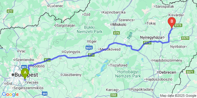 Map: Budapest Airport (BUD), Ferihegy, Liszt Ferenc to Nyírbogdány