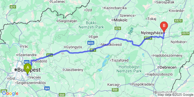 Map: Budapest Airport (BUD), Ferihegy, Liszt Ferenc to Nyíregyháza