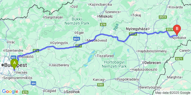 Map: Budapest Airport (BUD), Ferihegy, Liszt Ferenc to Nyírkáta