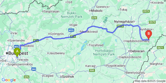 Map: Budapest Airport (BUD), Ferihegy, Liszt Ferenc to Nyírlugos