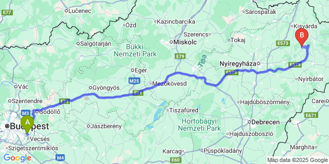 Map: Budapest Airport (BUD), Ferihegy, Liszt Ferenc to Nyírmada