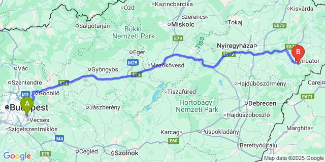 Map: Budapest Airport (BUD), Ferihegy, Liszt Ferenc to Nyírvasvári