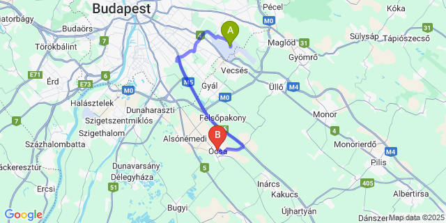 Map: Budapest Airport (BUD), Ferihegy, Liszt Ferenc to Ócsa