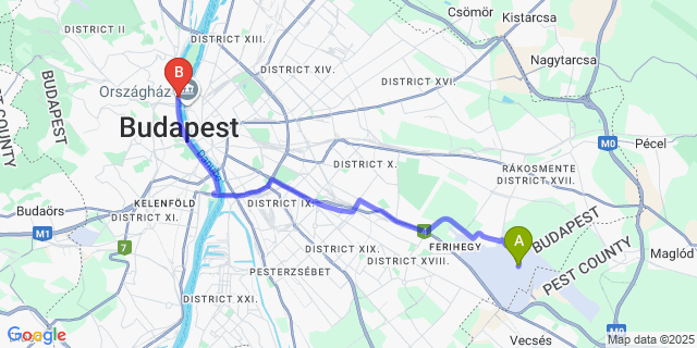 Map: Budapest Airport (BUD), Ferihegy, Liszt Ferenc to OnRiver Hotels - MS Cezanne