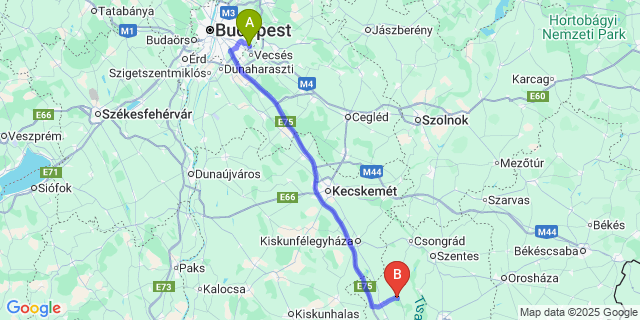 Map: Budapest Airport (BUD), Ferihegy, Liszt Ferenc to Ópusztaszer