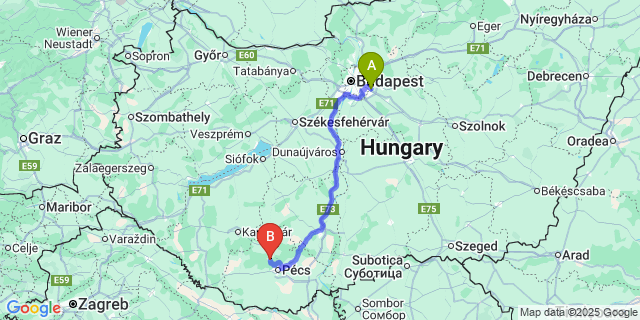 Map: Budapest Airport (BUD), Ferihegy, Liszt Ferenc to Orfű