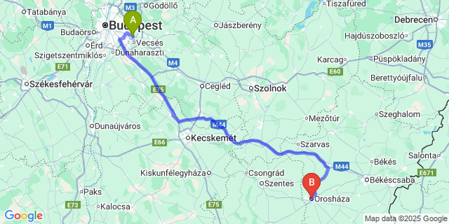 Map: Budapest Airport (BUD), Ferihegy, Liszt Ferenc to Orosháza