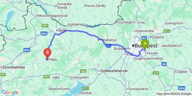 Map: Budapest Airport (BUD), Ferihegy, Liszt Ferenc to Pápa