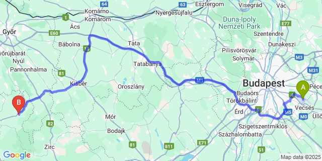 Map: Budapest Airport (BUD), Ferihegy, Liszt Ferenc to Pápateszér