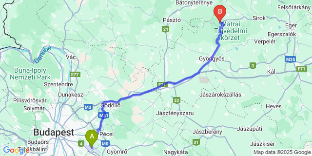 Map: Budapest Airport (BUD), Ferihegy, Liszt Ferenc to Parádsasvár