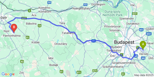 Map: Budapest Airport (BUD), Ferihegy, Liszt Ferenc to Pázmándfalu