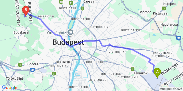 Map: Budapest Airport (BUD), Ferihegy, Liszt Ferenc to Petneházy Aparthotel