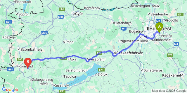 Map: Budapest Airport (BUD), Ferihegy, Liszt Ferenc to Petőmihályfa
