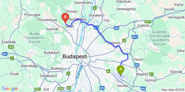 Map: Budapest Airport (BUD), Ferihegy, Liszt Ferenc to Pilisborosjenő