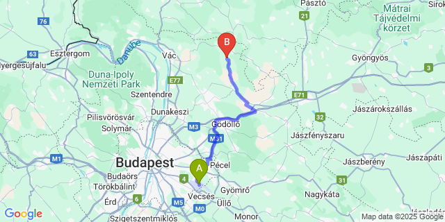 Map: Budapest Airport (BUD), Ferihegy, Liszt Ferenc to Püspökhatvan