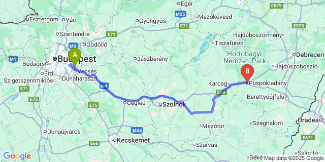 Map: Budapest Airport (BUD), Ferihegy, Liszt Ferenc to Püspökladány