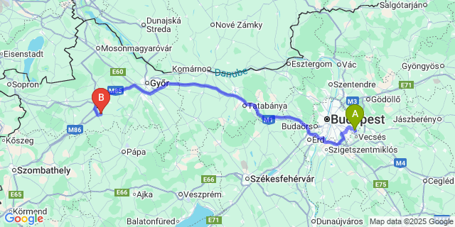 Map: Budapest Airport (BUD), Ferihegy, Liszt Ferenc to Rábacsanak