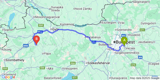 Map: Budapest Airport (BUD), Ferihegy, Liszt Ferenc to Rábaszentandrás