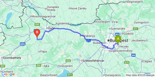 Map: Budapest Airport (BUD), Ferihegy, Liszt Ferenc to Rábaszentmiklós
