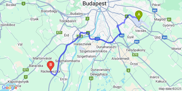 Map: Budapest Airport (BUD), Ferihegy, Liszt Ferenc to Ráckeresztúr