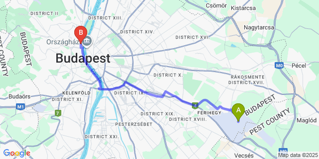 Map: Budapest Airport (BUD), Ferihegy, Liszt Ferenc to Regnum Residence