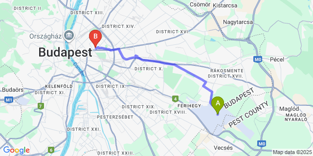 Map: Budapest Airport (BUD), Ferihegy, Liszt Ferenc to Royal Park Boutique Hotel