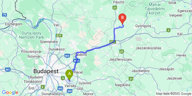 Map: Budapest Airport (BUD), Ferihegy, Liszt Ferenc to Rózsaszentmárton