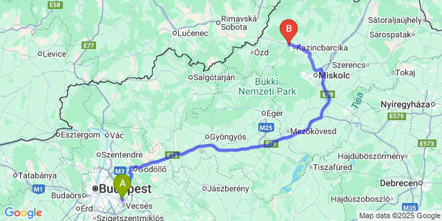Map: Budapest Airport (BUD), Ferihegy, Liszt Ferenc to Sajóivánka