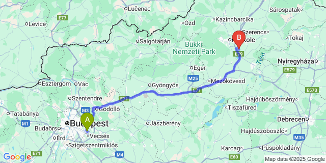 Map: Budapest Airport (BUD), Ferihegy, Liszt Ferenc to Sajópetri