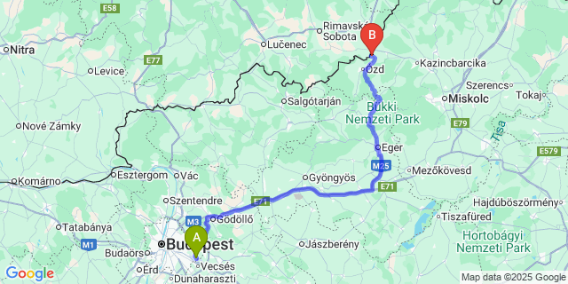 Map: Budapest Airport (BUD), Ferihegy, Liszt Ferenc to Sajópüspöki