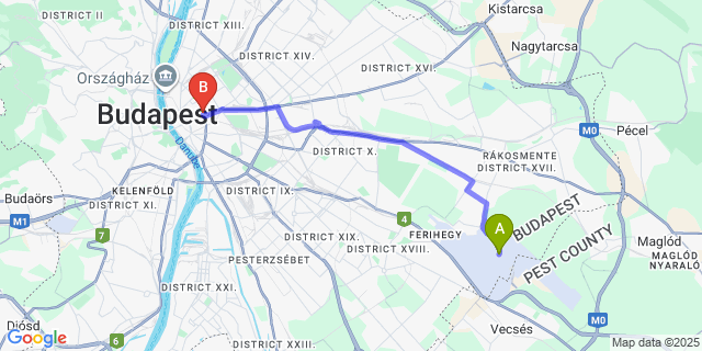 Map: Budapest Airport (BUD), Ferihegy, Liszt Ferenc to Soho Boutique Hotel
