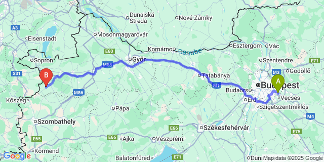Map: Budapest Airport (BUD), Ferihegy, Liszt Ferenc to Sopronhorpács